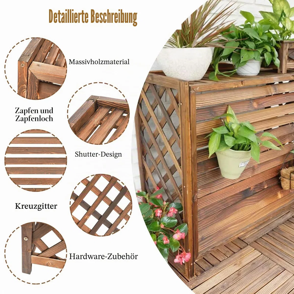 Klimaanlage Abdeckung Holz Wärmepumpe Verkleidung Balkon Sichtschutz Holz Blumenständer Draußen Klimaanlage Abdeckung Außengerät Gartenregal Wetterfest Blumenständer Massivholz(100x44x93cm)