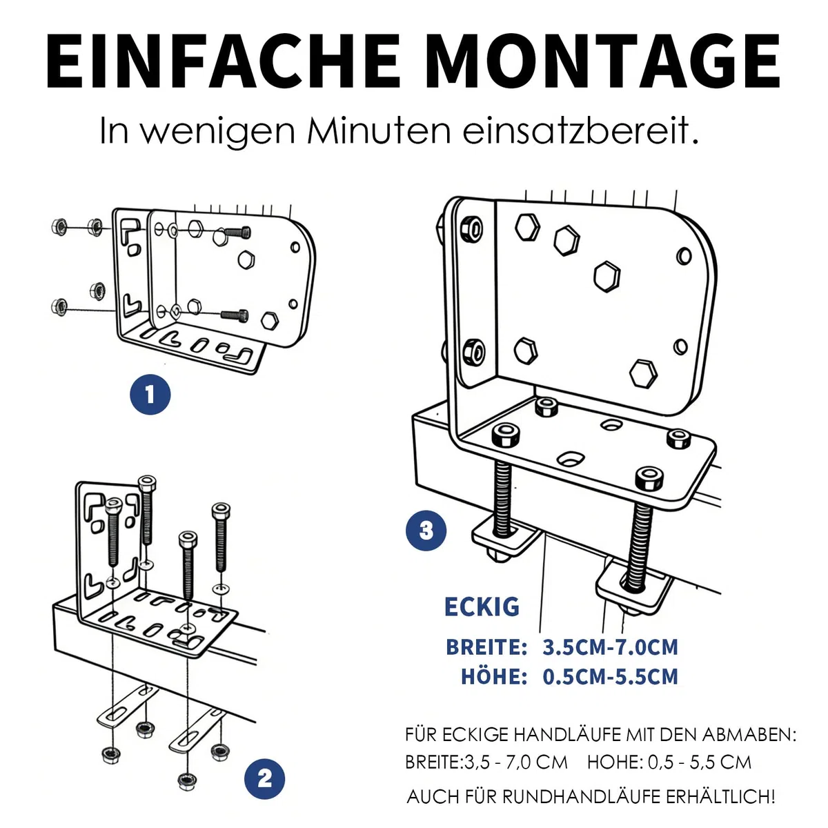 Balkonfächerhalter Adapter für Balkongeländer,Ohne Bohren,Halterung aus Edelstahl für Rundes Geländer, Befestigung für Balkonfächer und Seitenmarkisen bis 160 x 160 cm (Für Vierkantrohr)