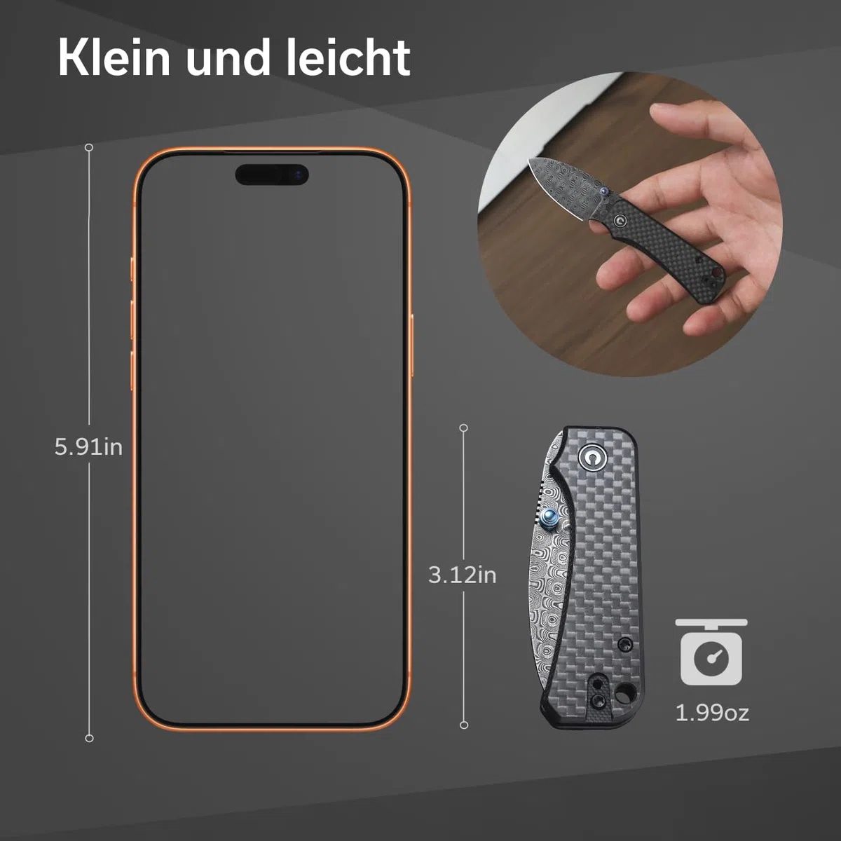 CIVIVI Baby Banter Taschenmesser Klappmesser mit 5,94cm Damastklinge, Kohlefaser- und G-10 Griff, Outdoor-Messer mit Clip C19068S-DS1
