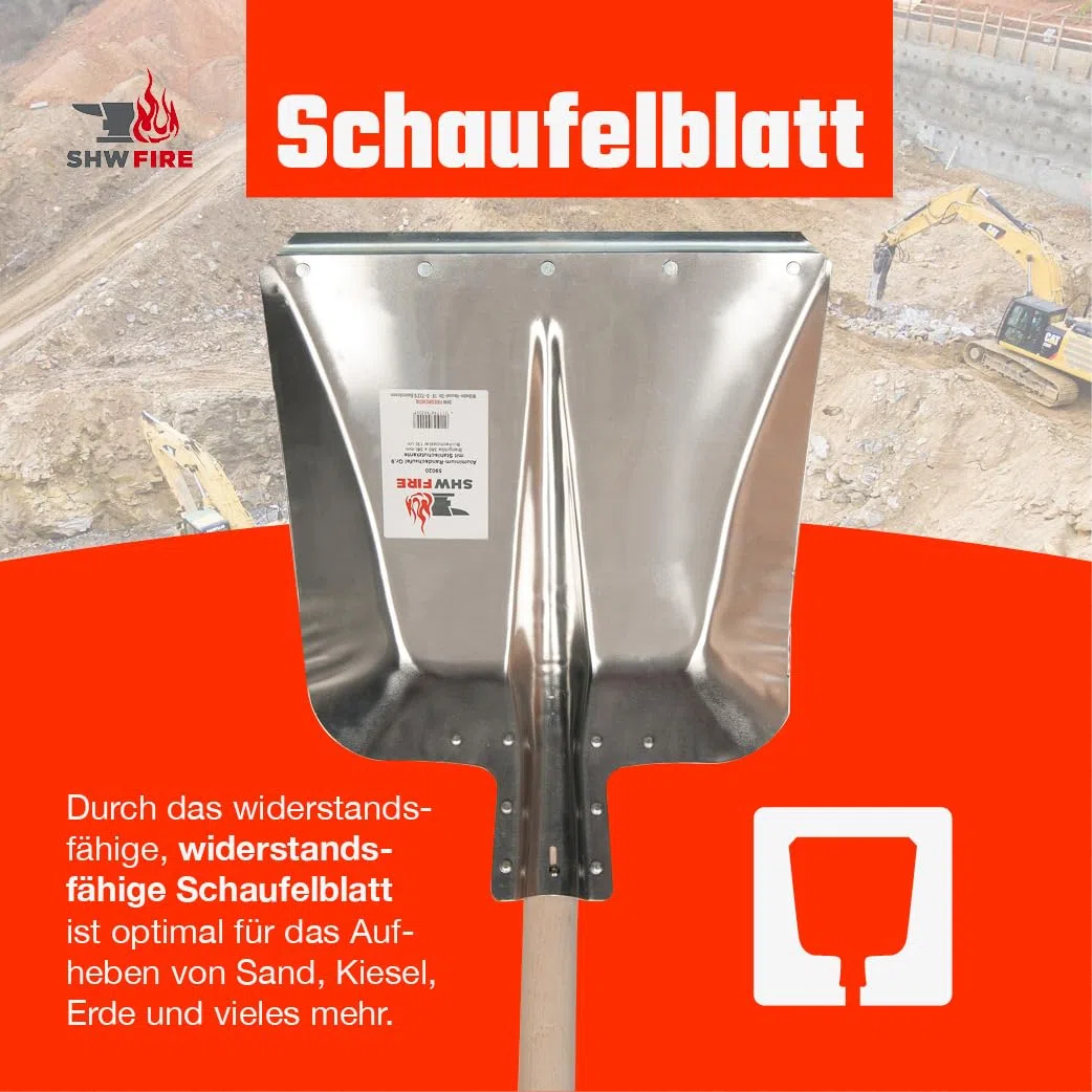 SHW-FIRE | Hallenser Alu Flachrandschaufel 130 cm Buchenholzstiel, 1,8 mm Aluminium, Stahlschutzkante, vielseitig für Garten, Hof, Futter & Schnee - Aluschaufel & Schippe | Made in Germany
