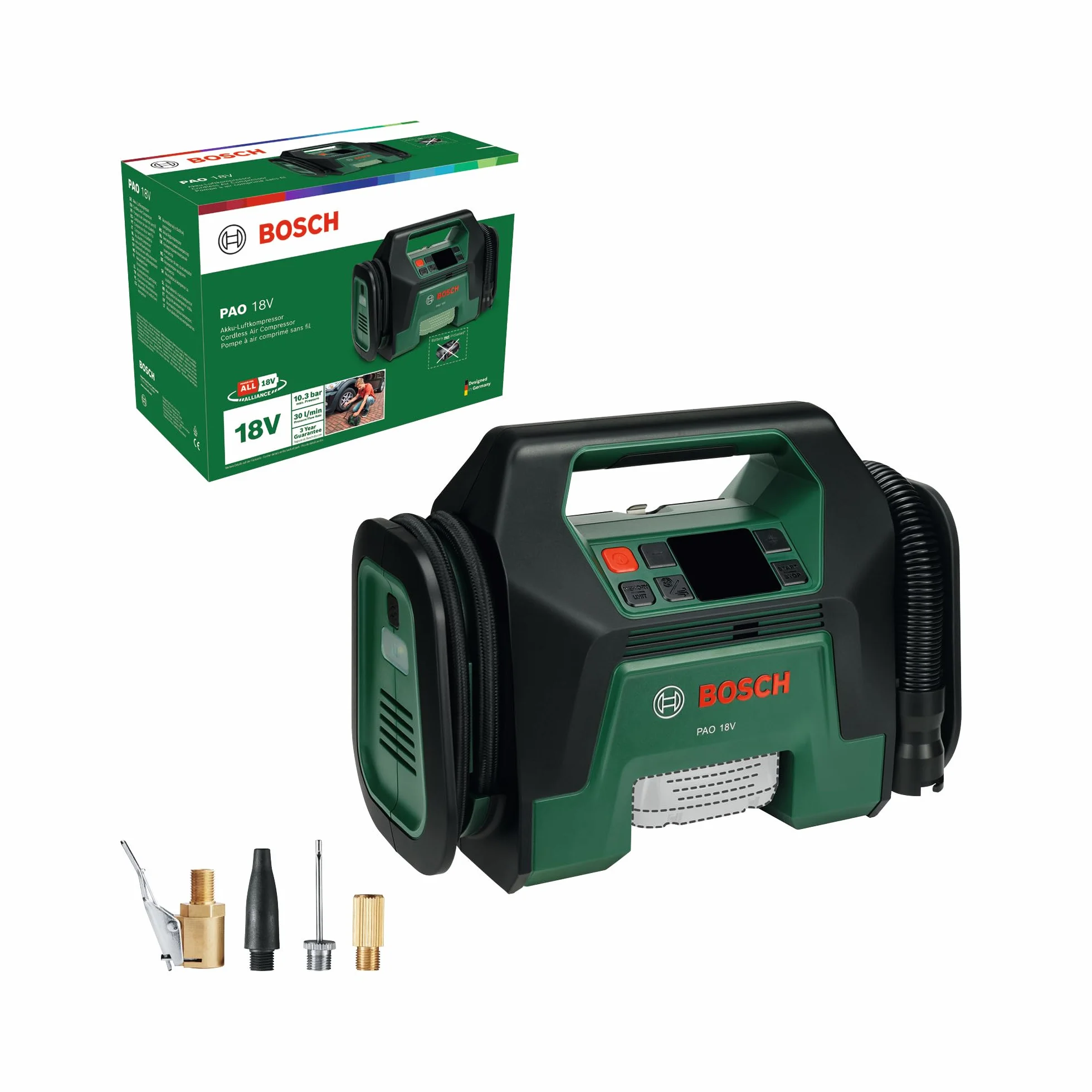 Bosch Akku-Kompressor PAO 18V (Zum Aufpumpen von Reifen bis hin zu großen Schlauchbooten; inkl. Reifenventil, Luftpumpenclip, französischem Ventil, Ballnadel, Volumenadapter)