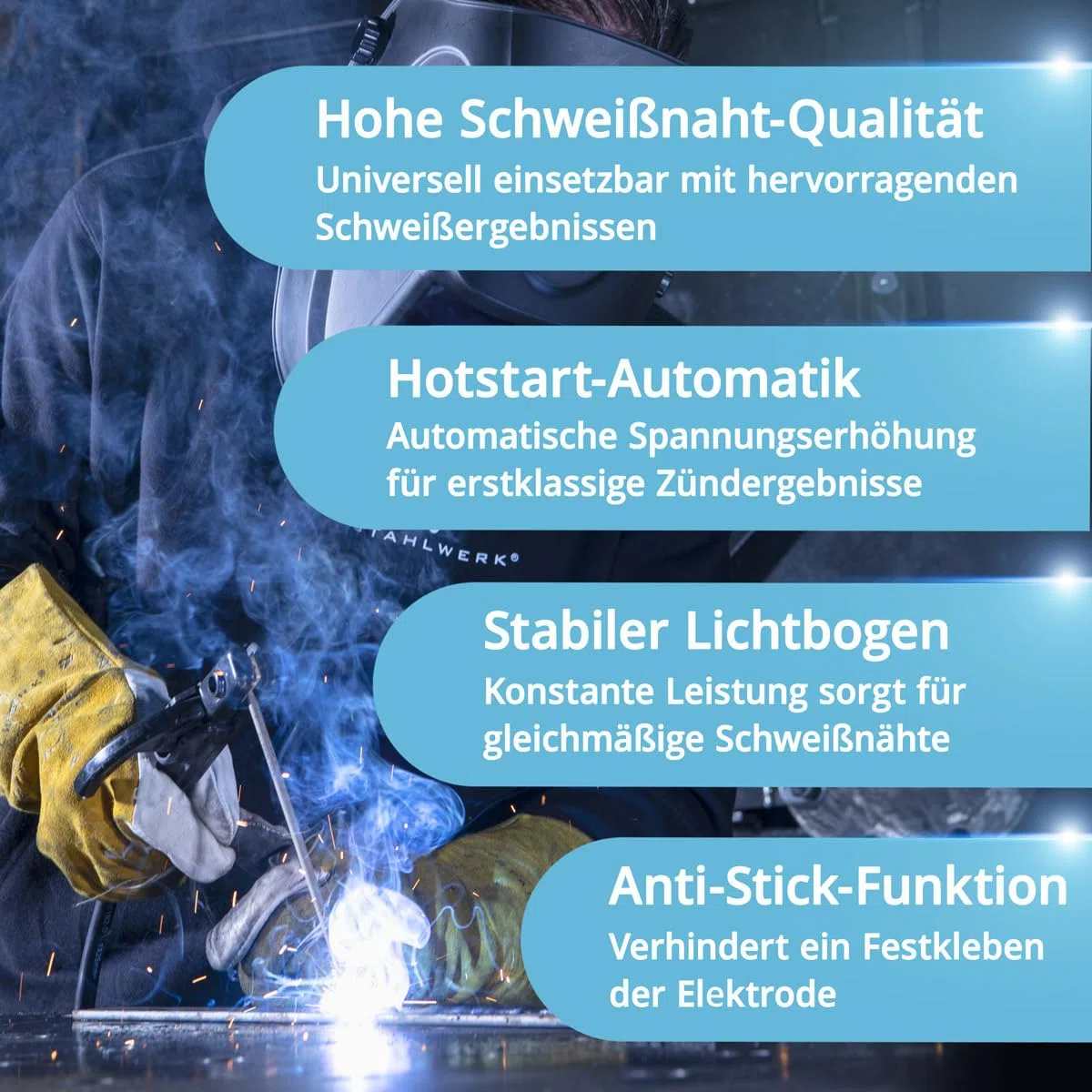 STAHLWERK Elektroden-Schweißgerät ARC 200 Puls Pro – Schweißen ohne Schutzgas, kompakter MMA, E-Hand, Lift-TIG Inverter mit 200 A, Hot Start, Arc Force, Antistick, IGBT Technologie, Pulsfunktion